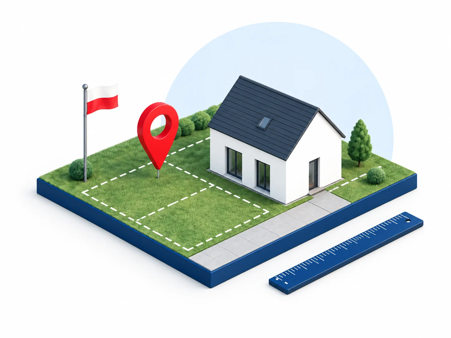 Model działki z domem, znacznikiem lokalizacji i linijką — planowanie zabudowy.
